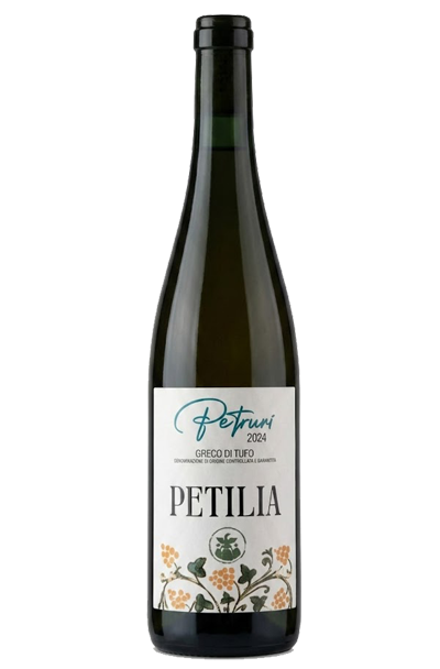 Vino blanco Greco di Tufo 2024 de la bodega Petilia, un vino italiano de la región de Campania conocido por su frescura, notas de mela cotogna (membrillo), azahar y un marcado perfil mineral y salino.